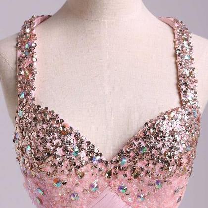 Pink Sequins Cross Back Chiffon Prom Dress, Lovely..