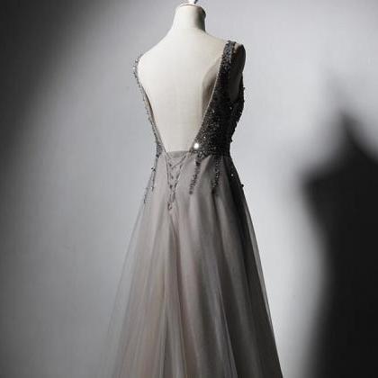 Beautiful Champagne Tulle Beaded Top Long Prom..