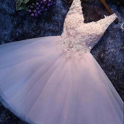 Cute Pink Short V-neckline Prom Dress, Pink..