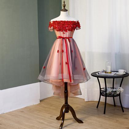 Red High Low Tulle Party Dress With Lace Applique,..