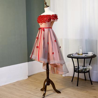 Red High Low Tulle Party Dress With Lace Applique,..