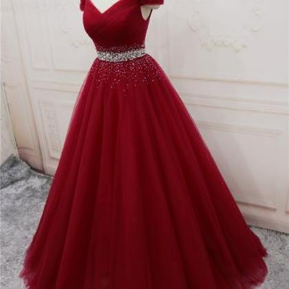 Beautiful Beaded Wine Red Tulle Prom Dress 2020,..
