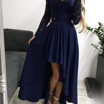 Beautiful Navy Blue High Low Party Dress, Chiffon..
