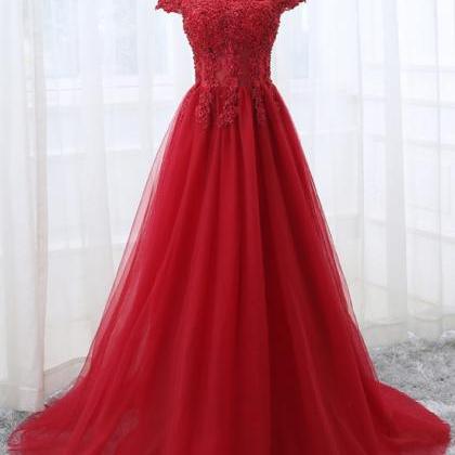Beautiful Red Tulle Long Prom Dress With Lace..