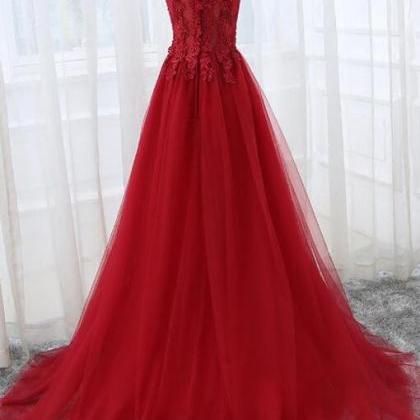 Beautiful Red Tulle Long Prom Dress With Lace..