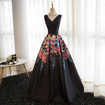 Elegant Black V-neckline Floral Satin Party Dress,..