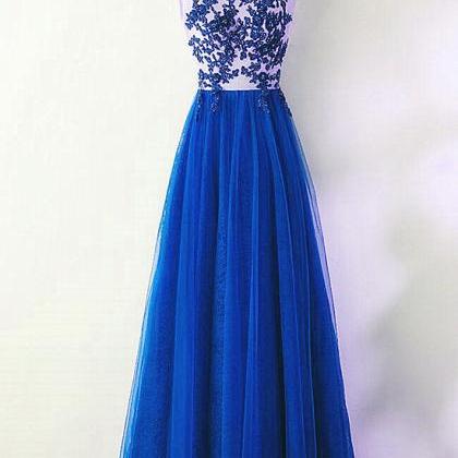Charming Blue Tulle Long Party Dress, A-line..
