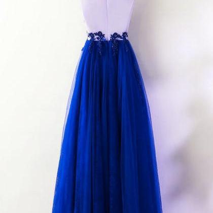 Charming Blue Tulle Long Party Dress, A-line..