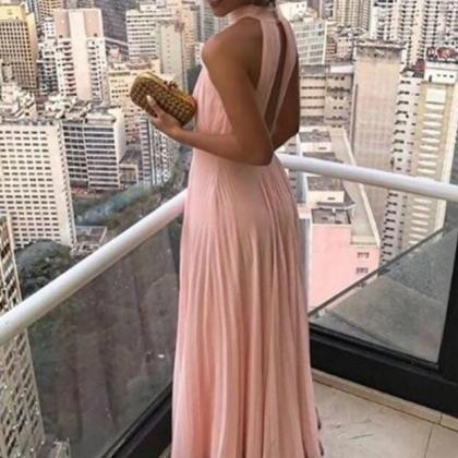 Pink Chiffon Halter Long Party Dress 2020, A-line..