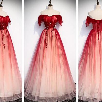 Beautiful Red Tulle Gradient Long Party Dress..