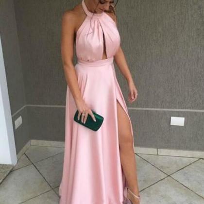 Charming Pink Halter Cut Out Halter Pleats Prom..