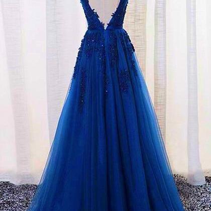 Beautiful Blue Long Lace Applique V-neckline Party..