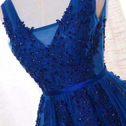 Beautiful Blue Long Lace Applique V-neckline Party..