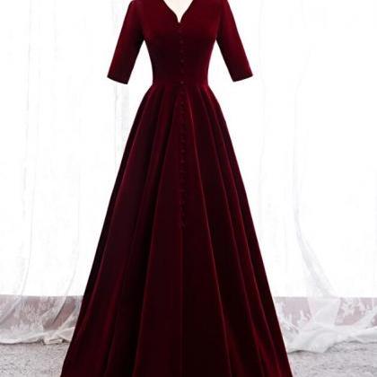 Elegant Velvet Wine Red V-neckline Floor Length..