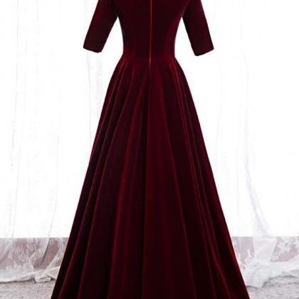 Elegant Velvet Wine Red V-neckline Floor Length..
