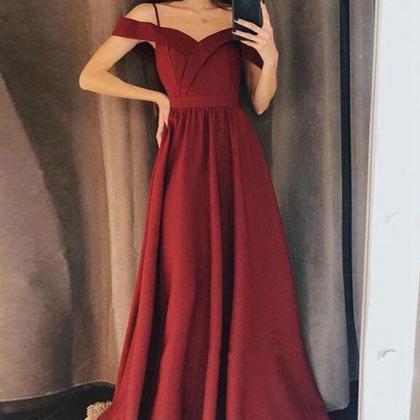 Lovely Wine Red Off Shoulder Prom Dress, Spaghetti..