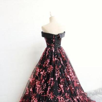 Elegant Black Floral Tulle Lace-up Party Dress,..