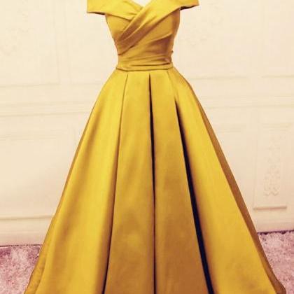 Charming A-line Gold Satin Floor Length Prom Dress..