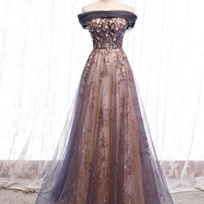 Beautiful Grey Tulle Long Prom Dress 2020, A-line..