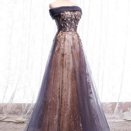 Beautiful Grey Tulle Long Prom Dress 2020, A-line..