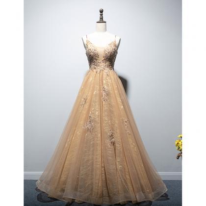 Beautiful Long A-line Champagne Straps Tulle Prom..