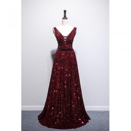 Gorgeous Wine Red Sequins V-neckline Long Prom..