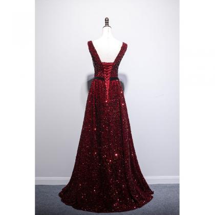 Gorgeous Wine Red Sequins V-neckline Long Prom..
