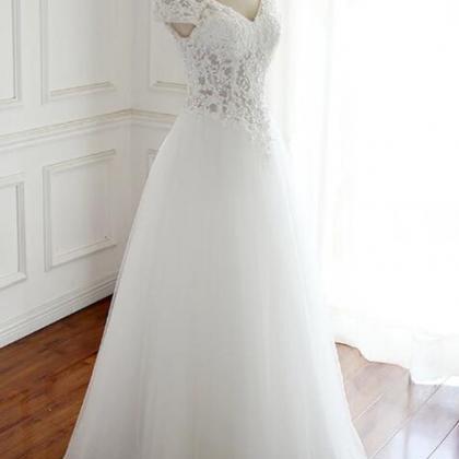 Beautiful White Tulle Long Wedding Party Dress,..