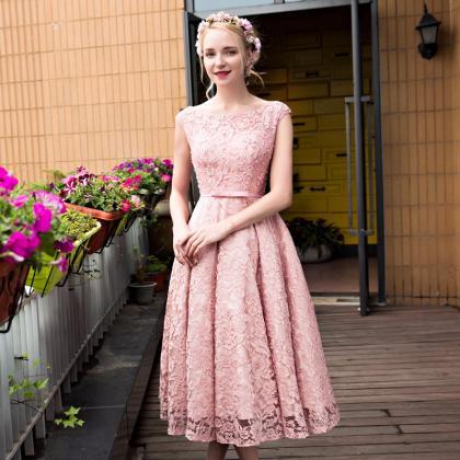 Lovely Pearl Pink Lace Tea Length Party Dress,..