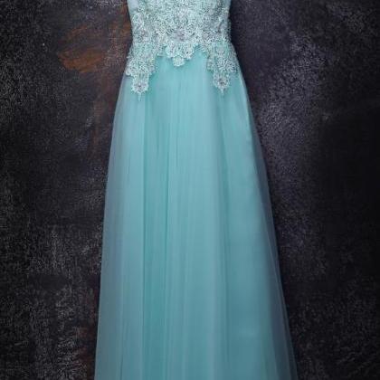 Charming Mint Tulle With Lace Long Prom Dress,..