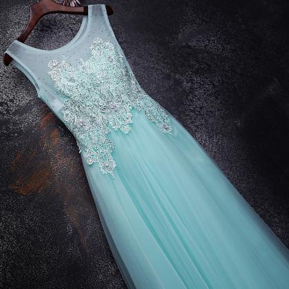 Charming Mint Tulle With Lace Long Prom Dress,..