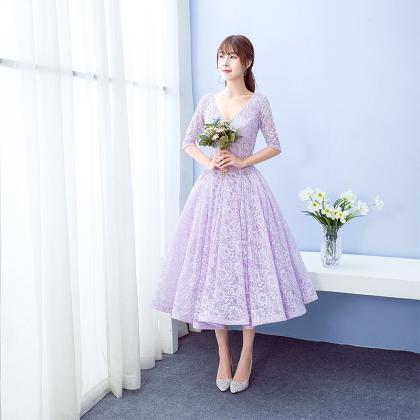 Beautiful Light Purple Lace Tea Length Bridesmaid..