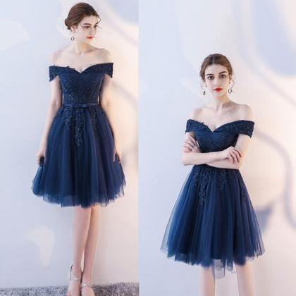 Cute Navy Blue Short Lace Applique Prom Dress, Off..