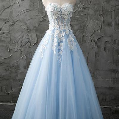 Light Blue Tulle Floor Length Prom Dress, A-line..