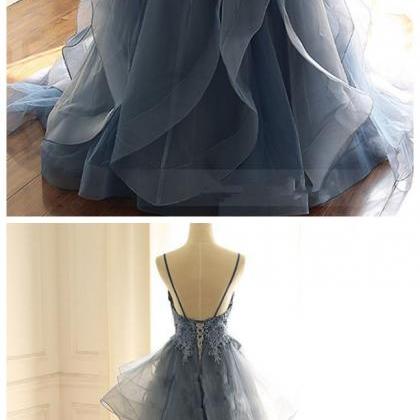 Beautiful Blue V-neckline Long Straps Prom Gown,..