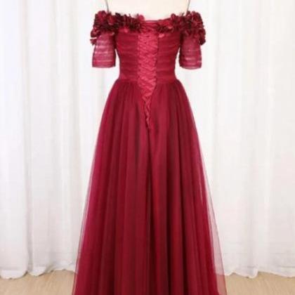 Beautifl Wine Red Tulle Short Sleeve Formal Dress,..