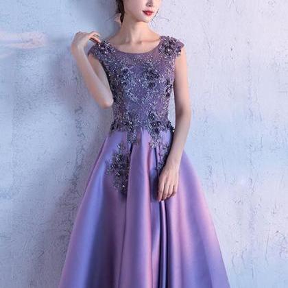 Beautiful Purple Satin Short Party Dress, Lace..