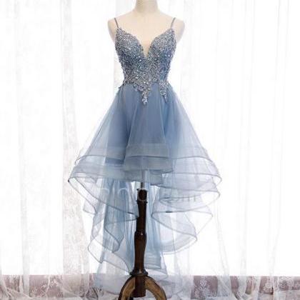 Elegant Blue V-neckline High Low Party Dress,..