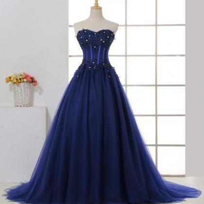 Navy Blue Shiny Tulle Straps Sweetheart Party Dress, A-line Blue Prom Dress
