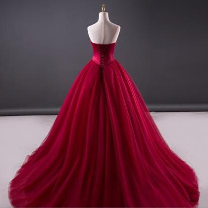 Charming Wine Red Tulle And Satin Long Party..