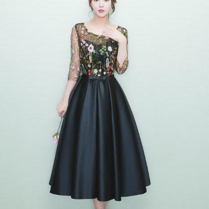Lovely Black Tea Length Party Dress With Floral..