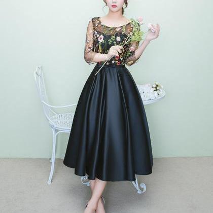 Lovely Black Tea Length Party Dress With Floral..