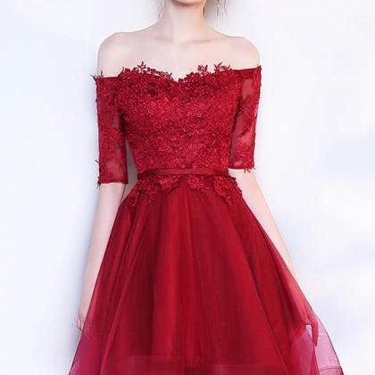 Lovely Short Burgundy Tulle With Lace Party Dress,..