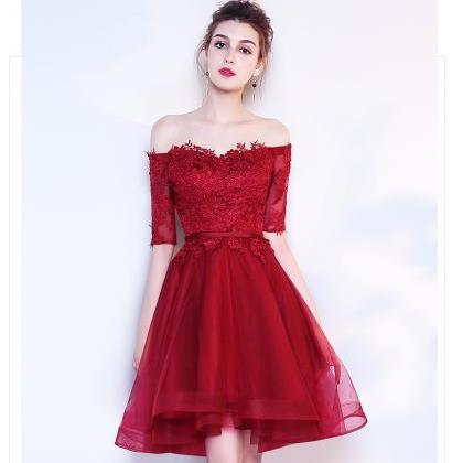 Lovely Short Burgundy Tulle With Lace Party Dress,..