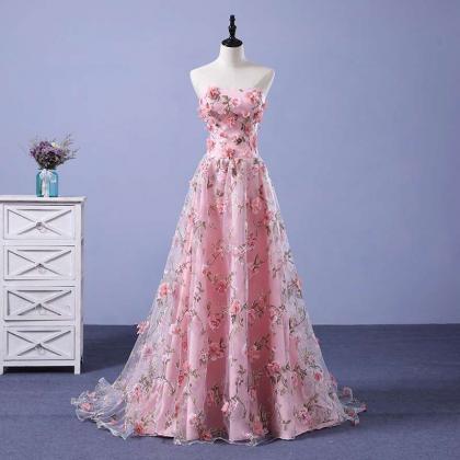 Beautiful Pink Flowers Party Dress, A-line..