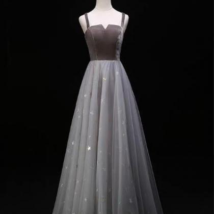 Elegant Straps V-neckline Grey Prom Dress, Tulle..