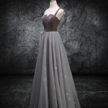 Elegant Straps V-neckline Grey Prom Dress, Tulle..