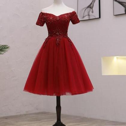 Cute Wine Red Short Tulle With Lace Party Dress,..