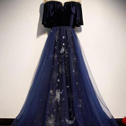 Blue Elegant A-line Long Prom Dress 2020, Blue..