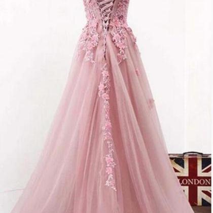 Pink Lace V-neckline Tulle With Floral Lace..